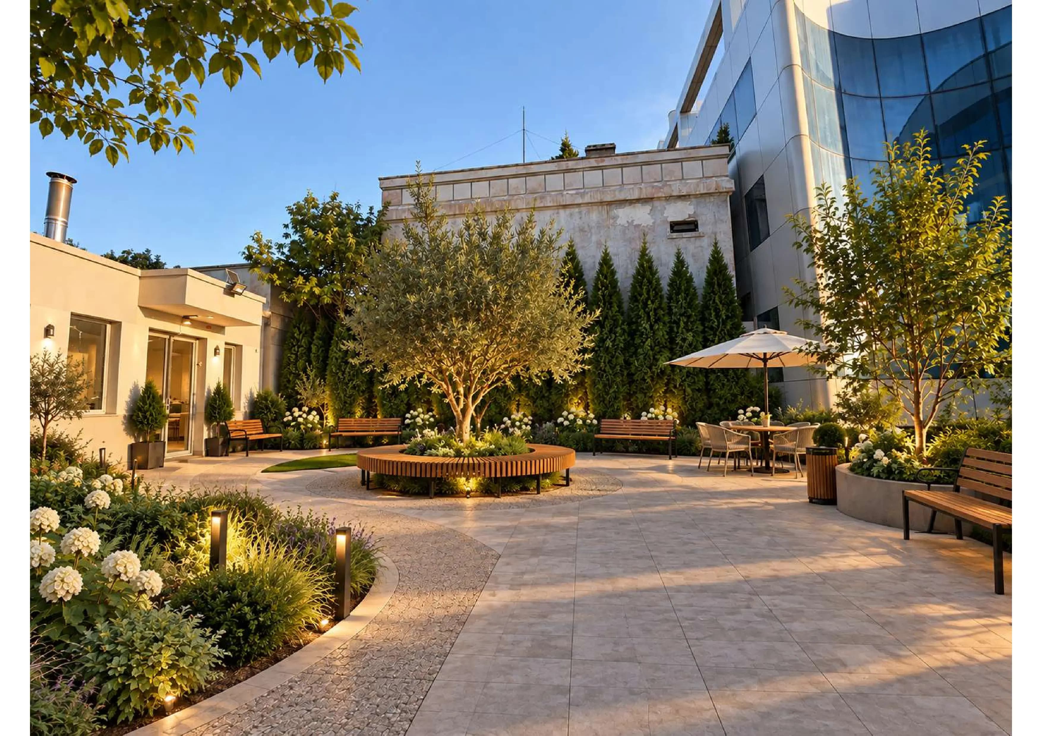 Spațiu verde amenajat în curtea reședinței Elysium
